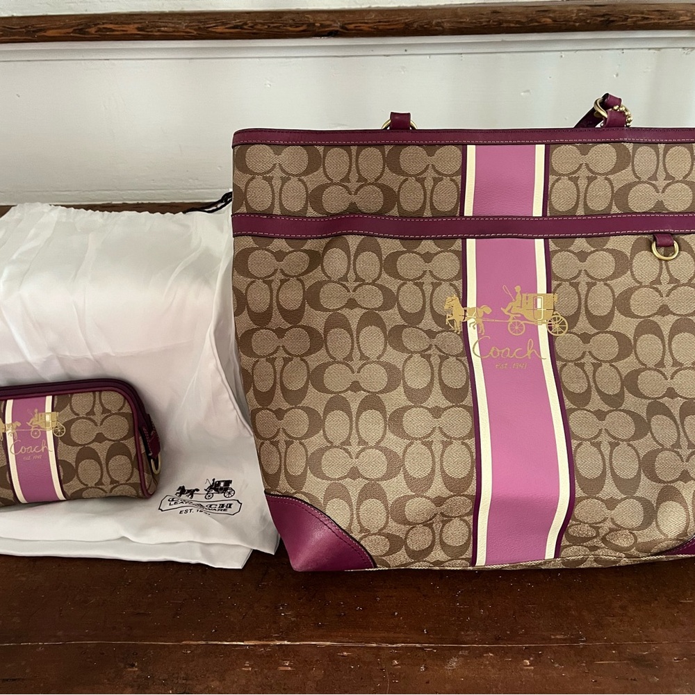 Coach Signature Heritage Stripe Large Tote and Small Cosmetic Bag 12354